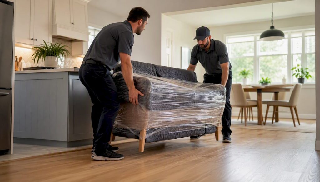 Delivery crew carrying wrapped furniture indoors