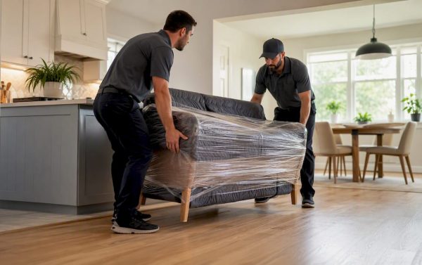 Delivery crew carrying wrapped furniture indoors
