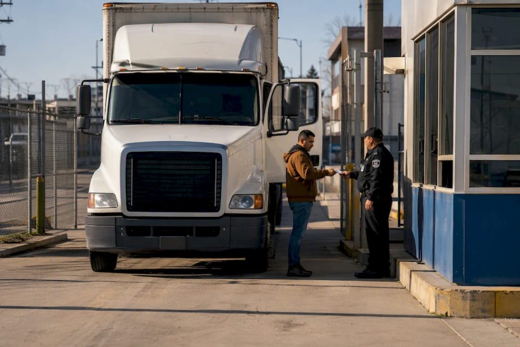 Freight truck at gated limited access delivery site
