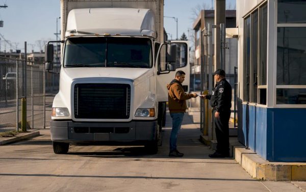 Freight truck at gated limited access delivery site
