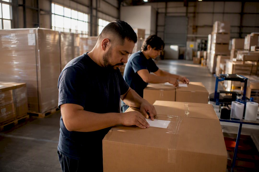 Workers attaching PRO and SCAC labels to freight