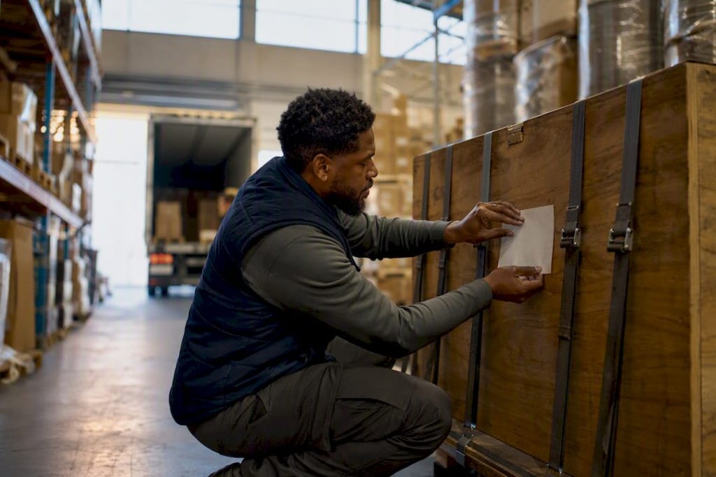 Worker labeling a freight shipment in warehouse