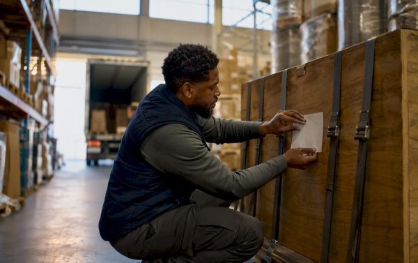 Worker labeling a freight shipment in warehouse