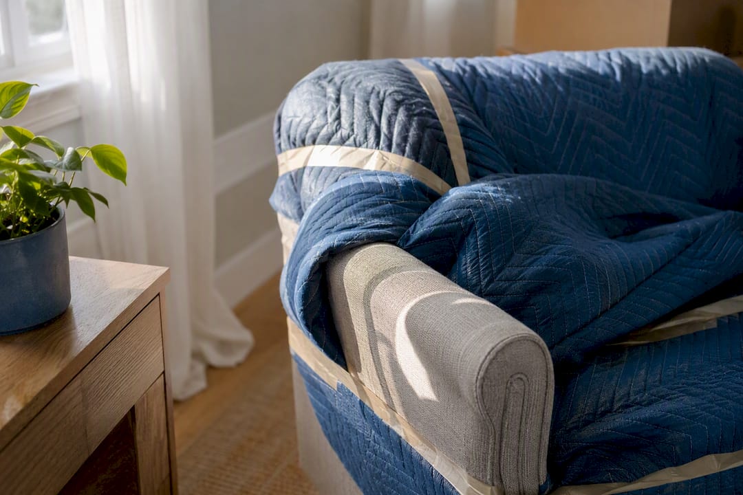 Sofa corner wrapped in padded blanket