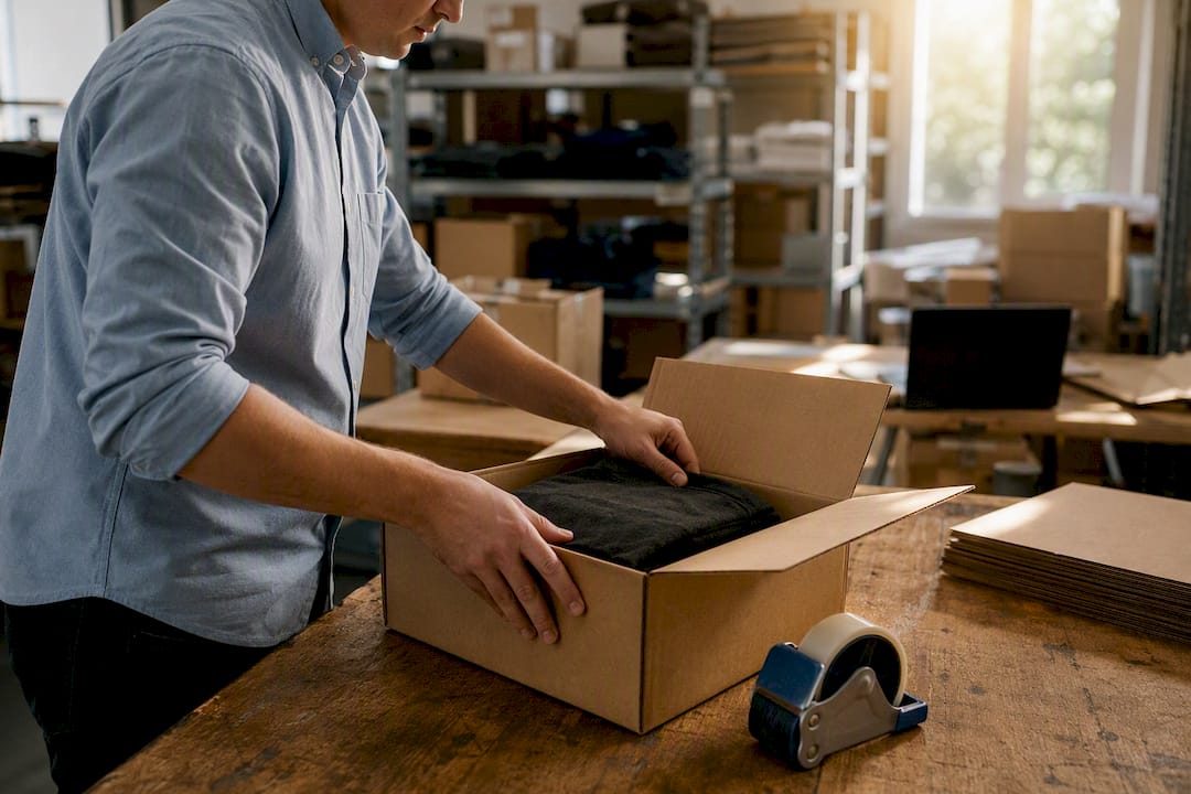 Store employee packing online order box