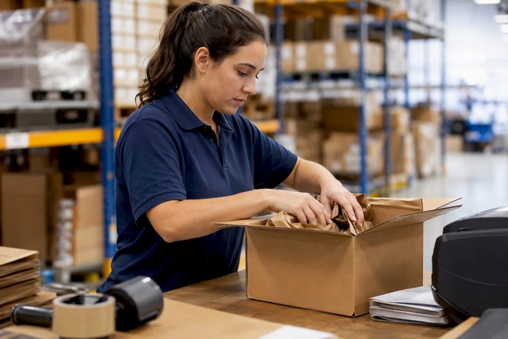Warehouse worker packing ecommerce box