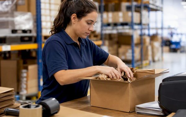 Warehouse worker packing ecommerce box