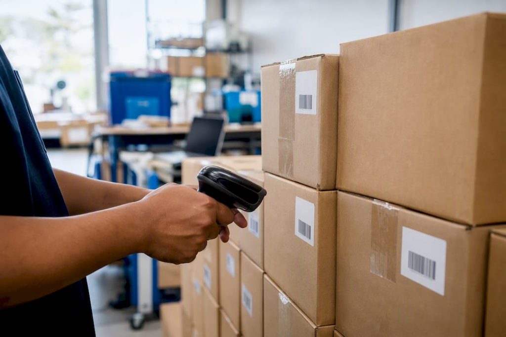 Hands scanning barcoded boxes in warehouse