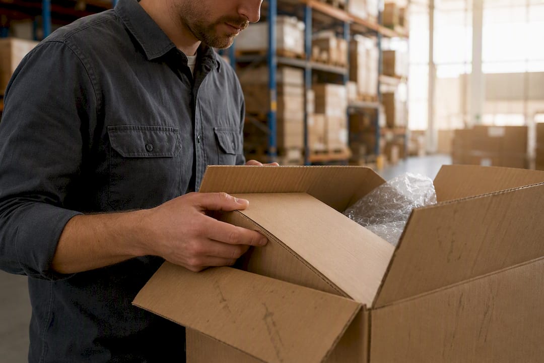 Hands inspecting contents of shipping carton