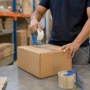 Hands packing ecommerce shipment box in warehouse