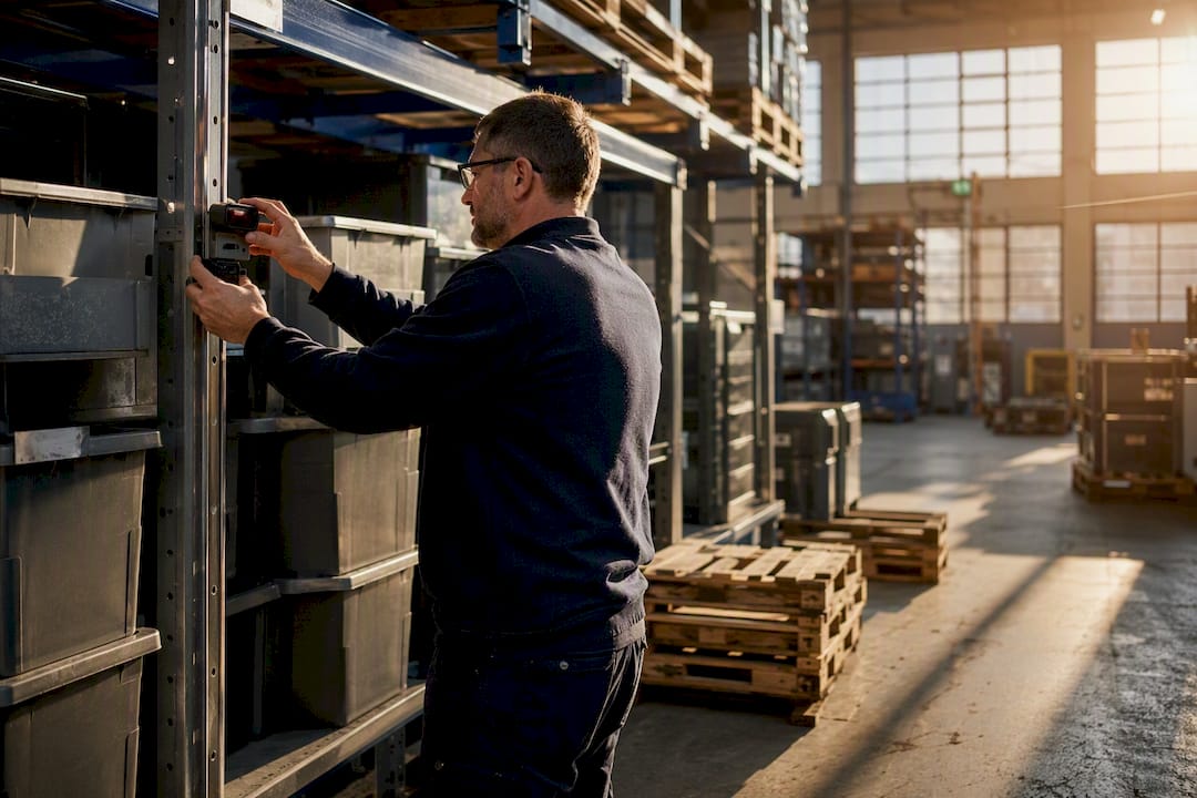 Technician installing scanning hardware in warehouse