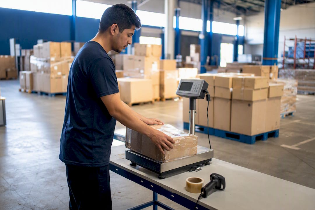 Hands weighing returned goods on scale