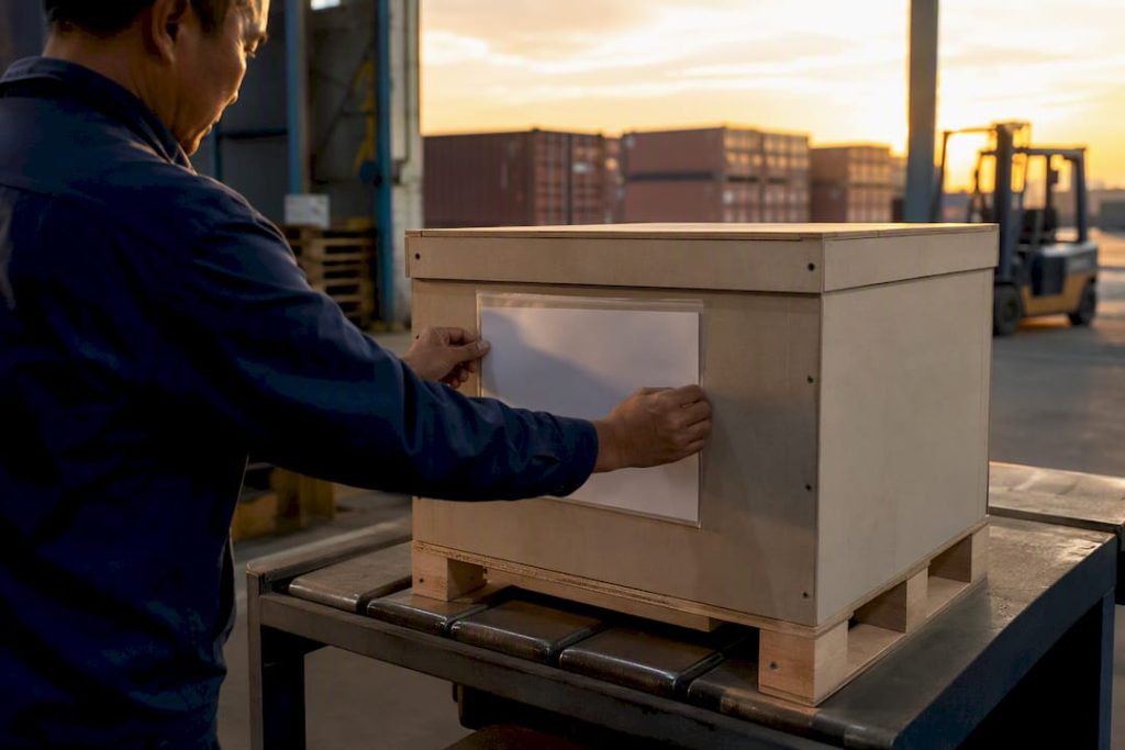 Hands stamping certificate near shipping crate