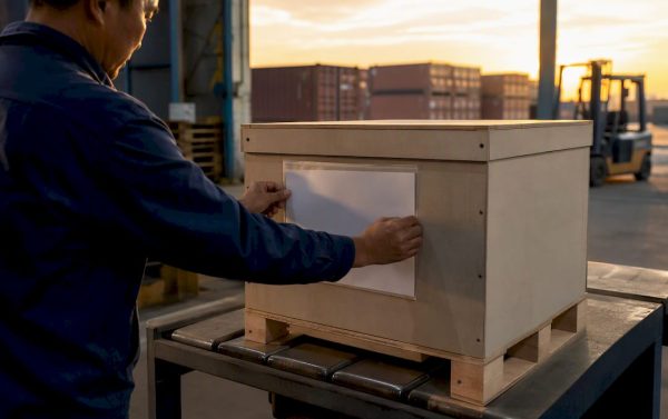 Hands stamping certificate near shipping crate