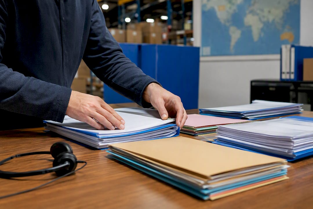 Hands organizing shipping documents at logistics office