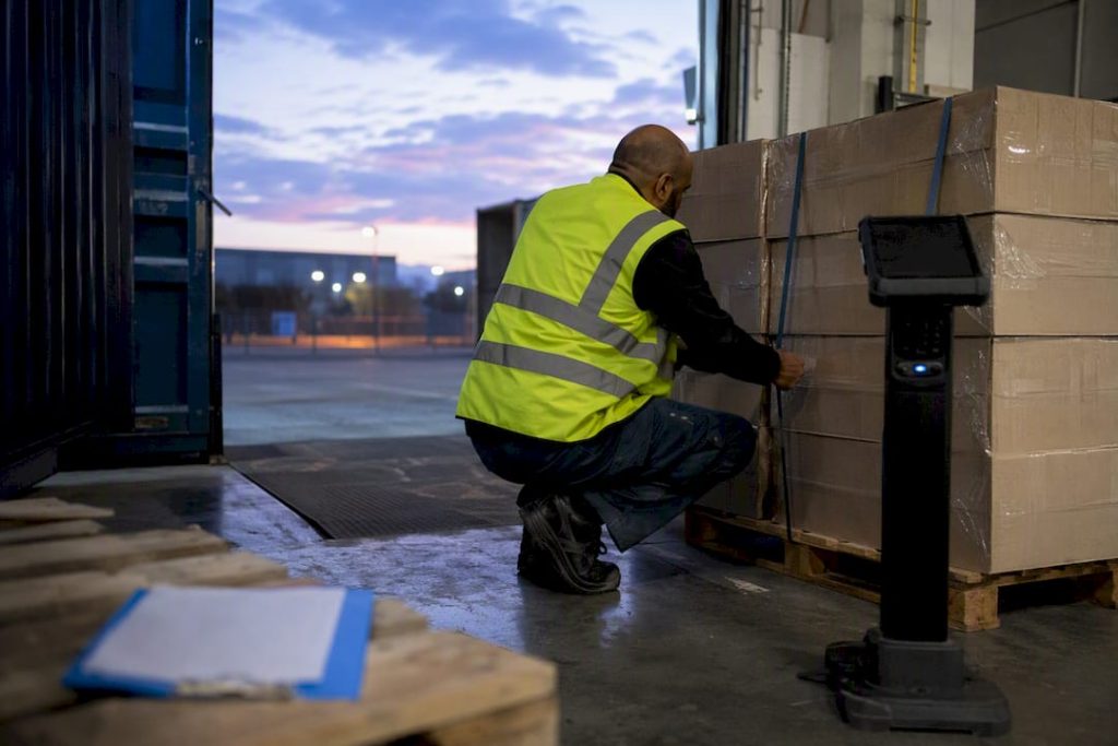 Worker loading sealed shipping containers at dock