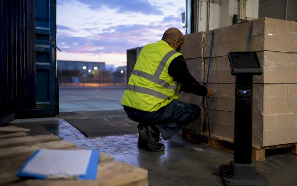 Worker loading sealed shipping containers at dock