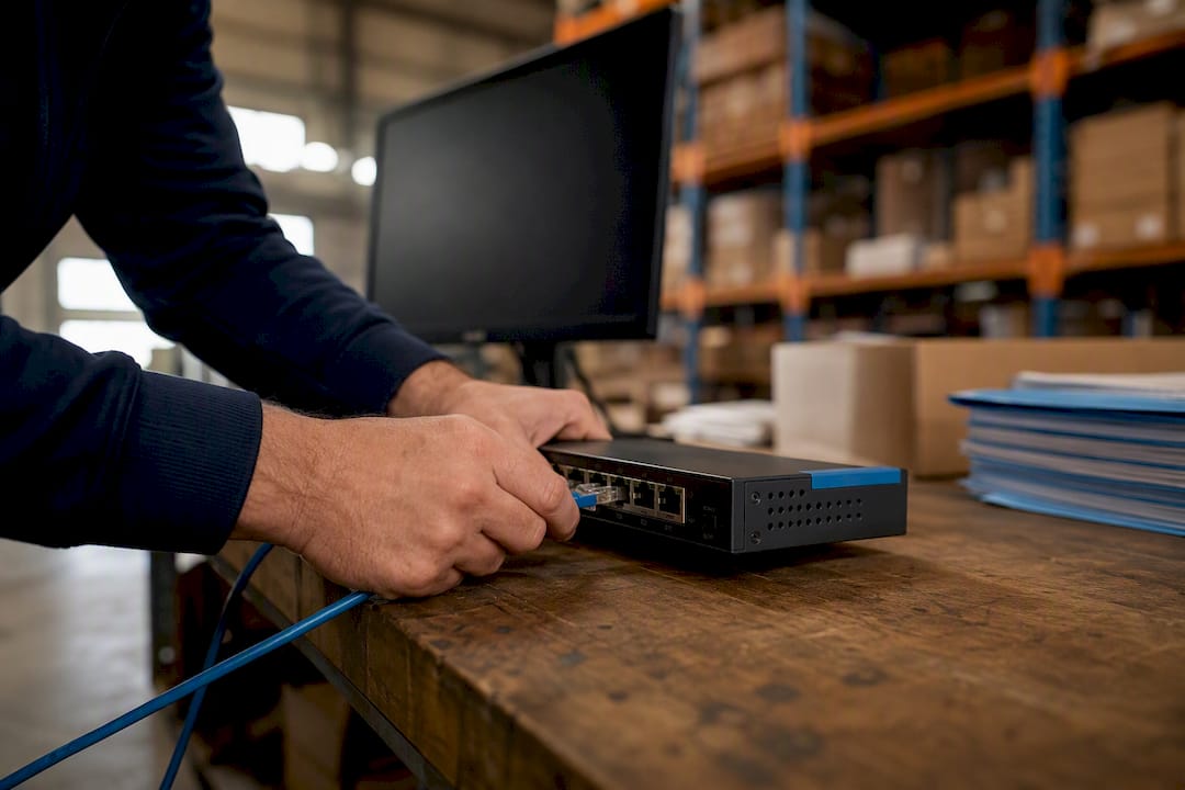 Hands connecting network cable for electronic filing