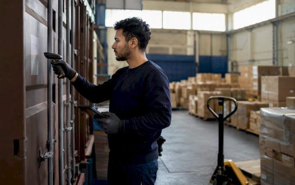 Worker scanning shipping container barcode