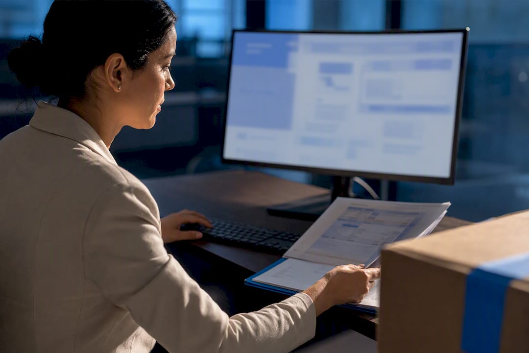 Analyst reviewing shipment screening records