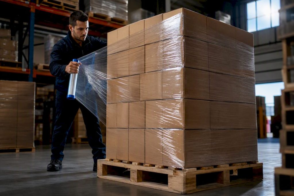 Operator wrapping a palletized freight load