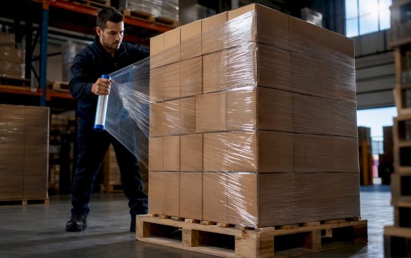 Operator wrapping a palletized freight load