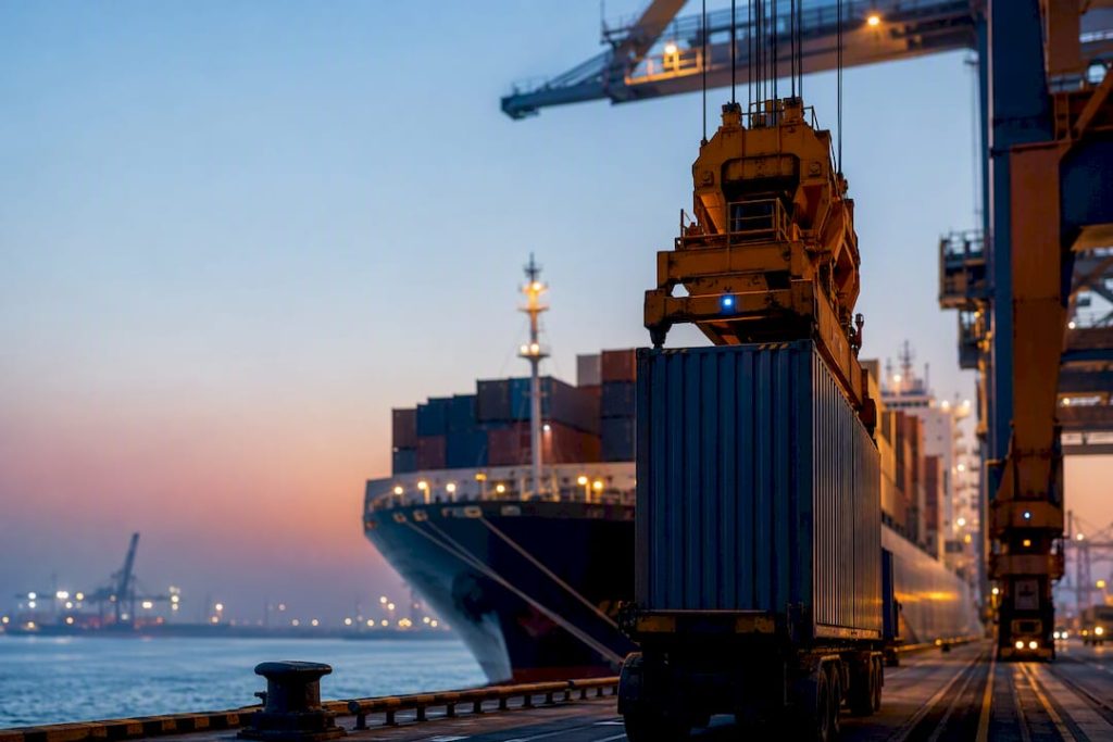 Containers moving through an international terminal