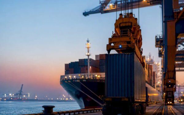 Containers moving through an international terminal