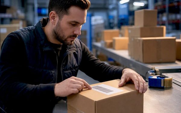 Worker inspecting barcode label on shipping carton