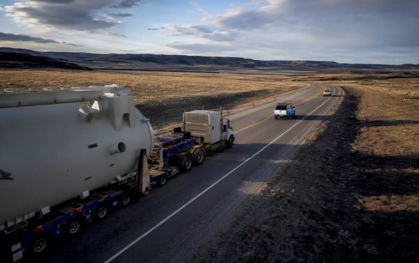 Oversized freight convoy crossing state lines