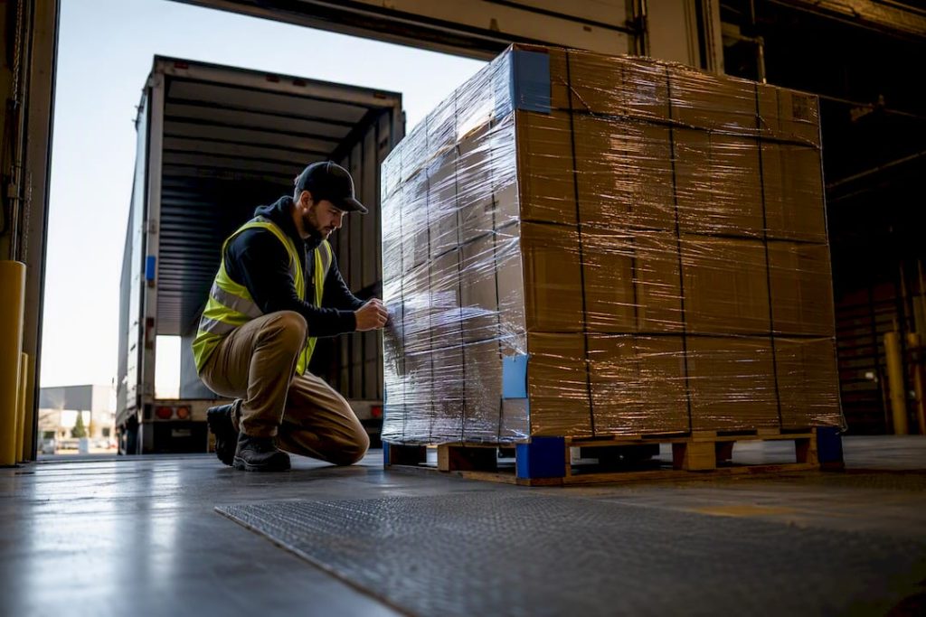 Wrapped pallet staged at a 3PL loading dock