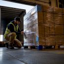 Wrapped pallet staged at a 3PL loading dock