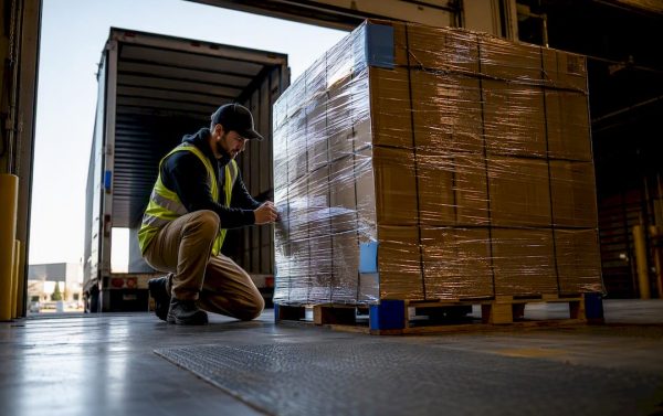 Wrapped pallet staged at a 3PL loading dock