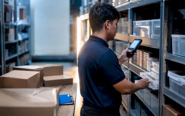 Worker verifying warehouse inventory count