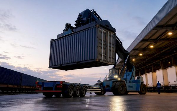 Reach stacker transferring container at transload yard