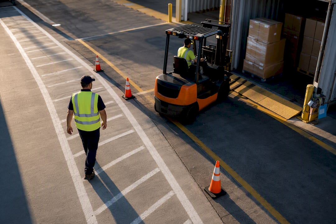 Worker using marked transload safety walkway