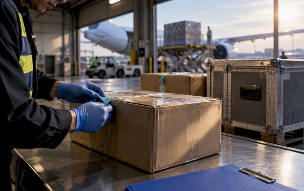 Air cargo undergoing customs inspection