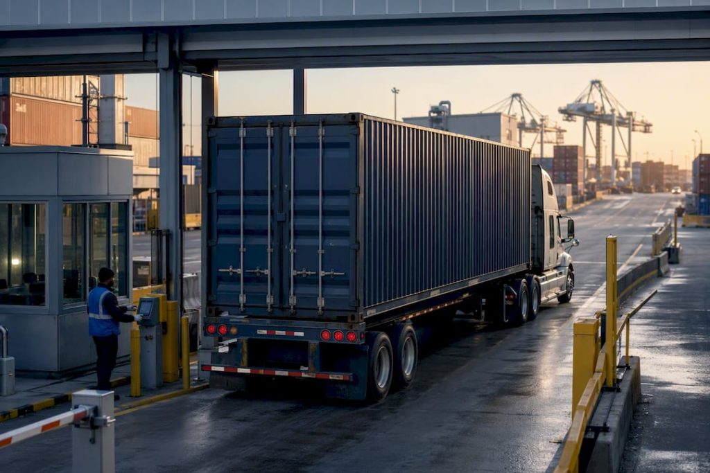 Container leaving port for inland delivery
