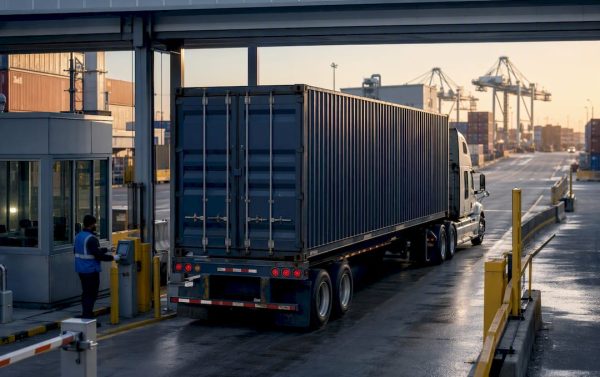Container leaving port for inland delivery