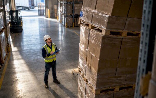 Warehouse worker inspecting stacked pallets