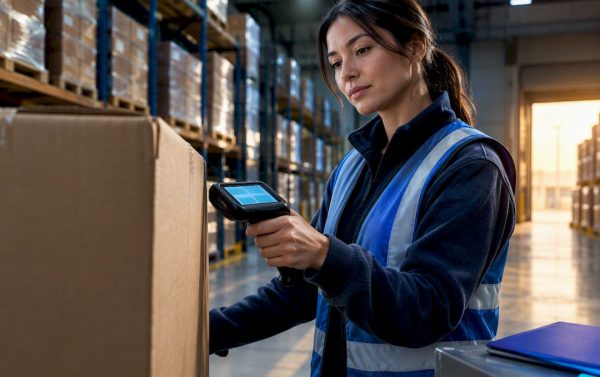 Coordinator scanning inbound shipment carton
