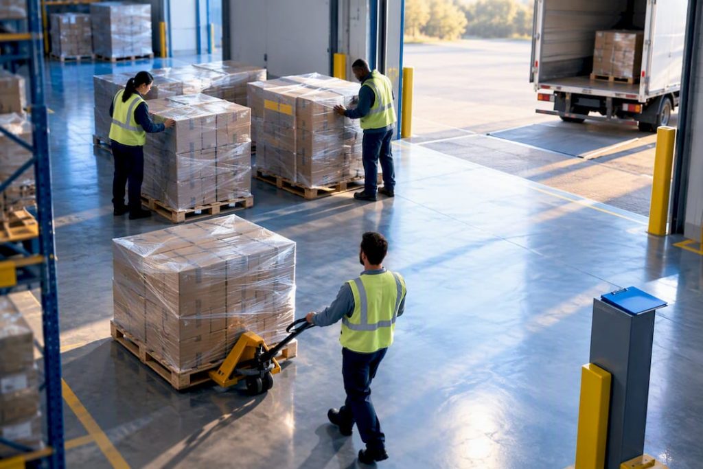 Crew staging consolidated pallets for pickup