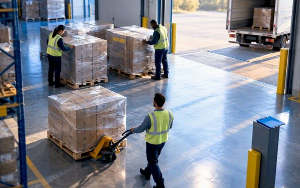 Crew staging consolidated pallets for pickup