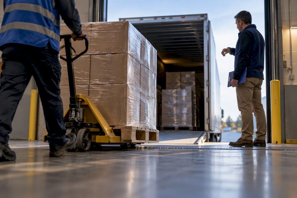 Freight shipment arriving at receiving dock