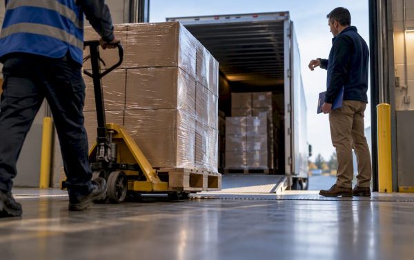 Freight shipment arriving at receiving dock