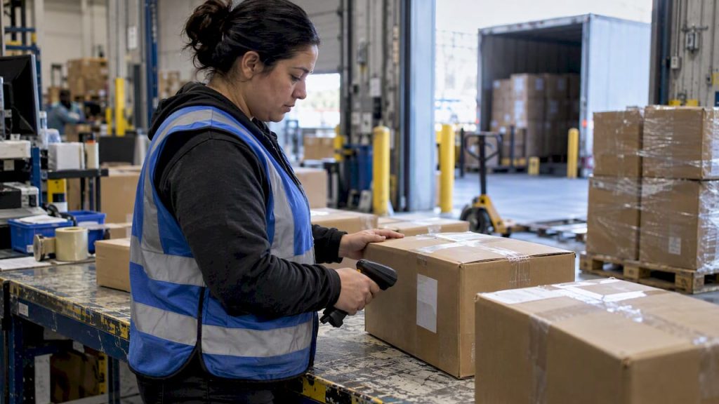 Worker verifying carton barcode before shipment