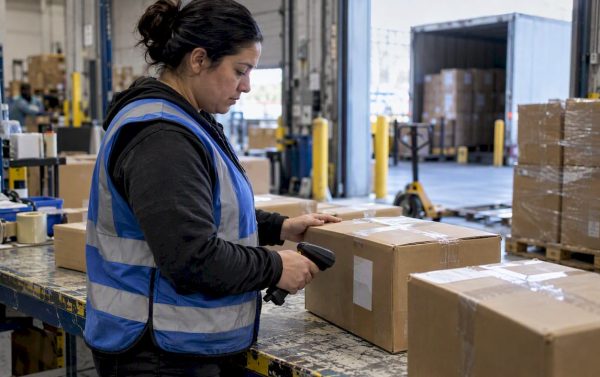 Worker verifying carton barcode before shipment