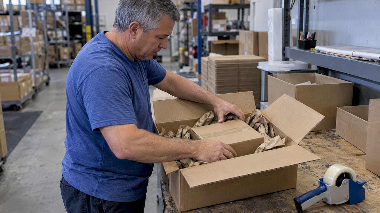 Worker double boxing a fragile shipment