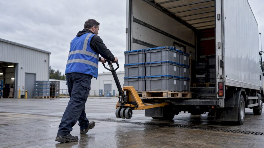 Truck collecting reusable bins at a supplier