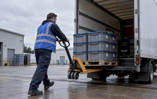 Truck collecting reusable bins at a supplier